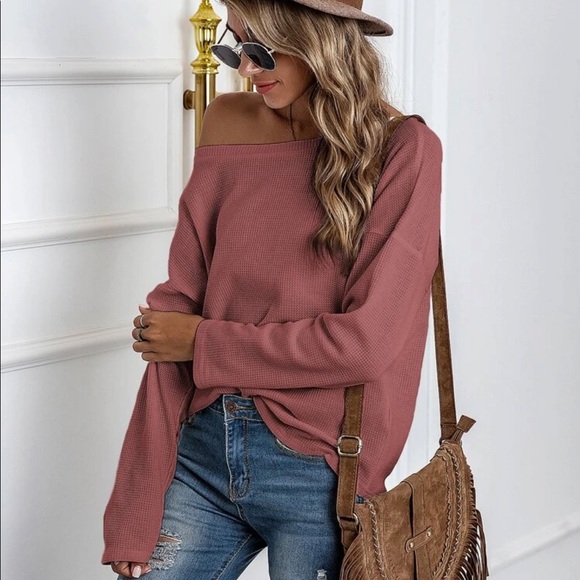 Off the shoulder waffle knit long sleeve top cozy - Picture 2 of 10